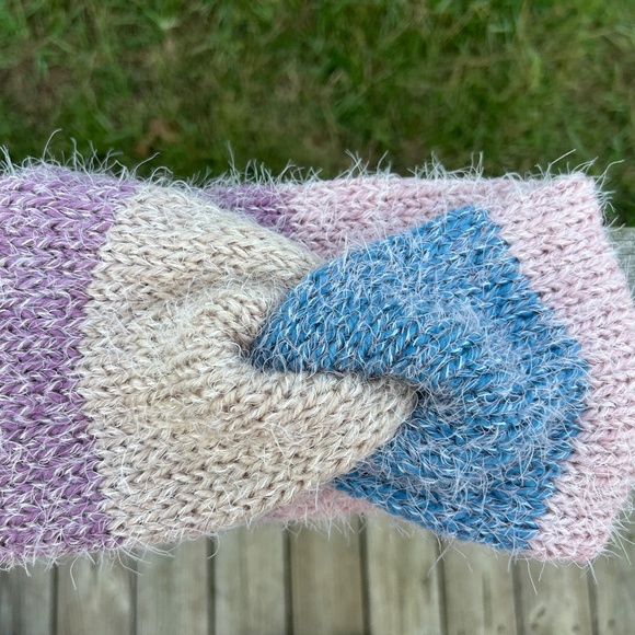 Hand Crafted Accessories - Purple Pink Blue Tan Handmade Knit Twist Top Knot Headband Ear Warmer